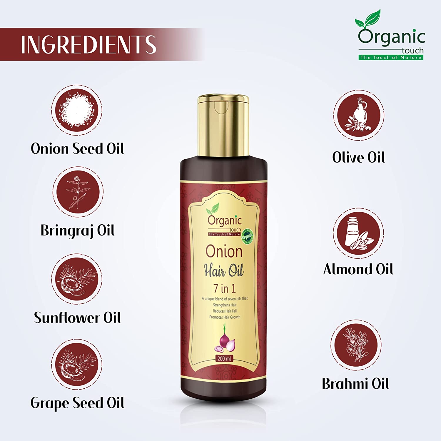 Organic Touch Onion Hair Oil Onion Seed Olive Almond Brahmi Sunflower  Bhringraj and Grapeseed Oil for Hair Care 200 ML  Organic Touch